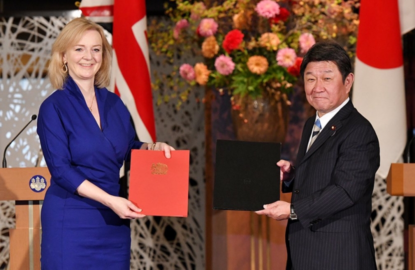 International Trade Secretary Liz Truss and Japan's Foreign Minister Motegi Toshimitsu