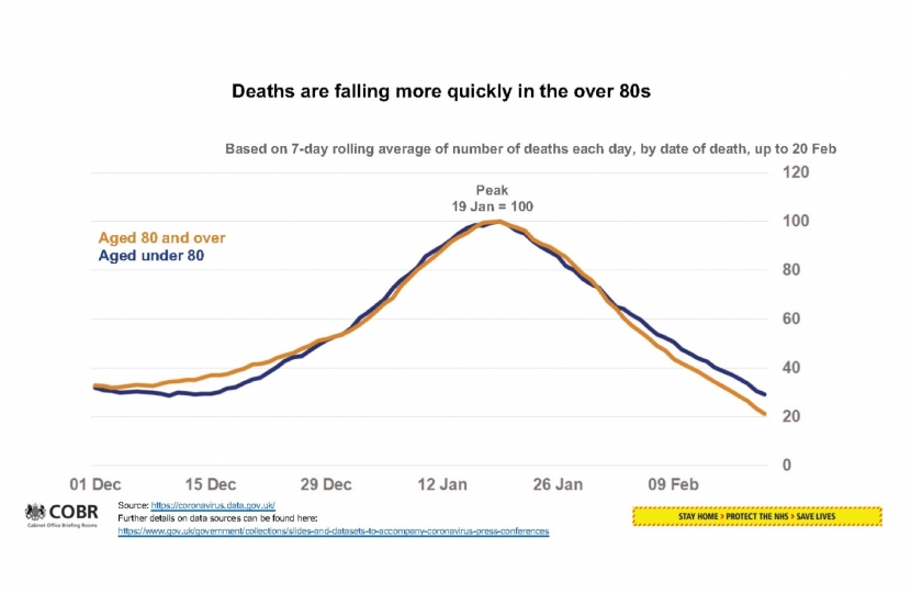 Deaths are falling more quickly in the over 80s (up to 20 Feb)