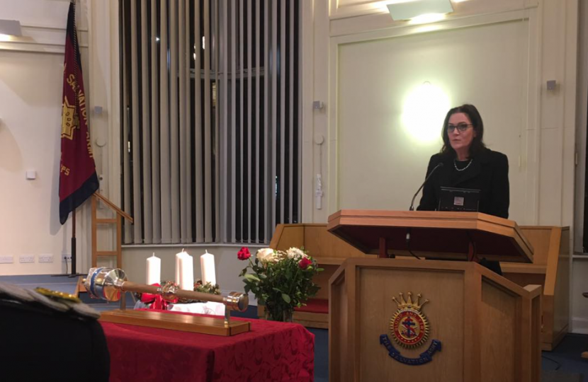 Rebecca Harris attends Castle Point Civil Carol Service at Hadleigh Temple Salvation Army