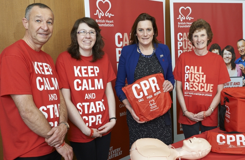 Rebecca Harris at British Heart Foundation CPR event